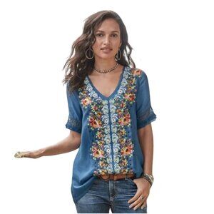 Sundance Rossi Top Fully Embroidered Fringe Short Sleeve Cupro Vegan Silk Size S